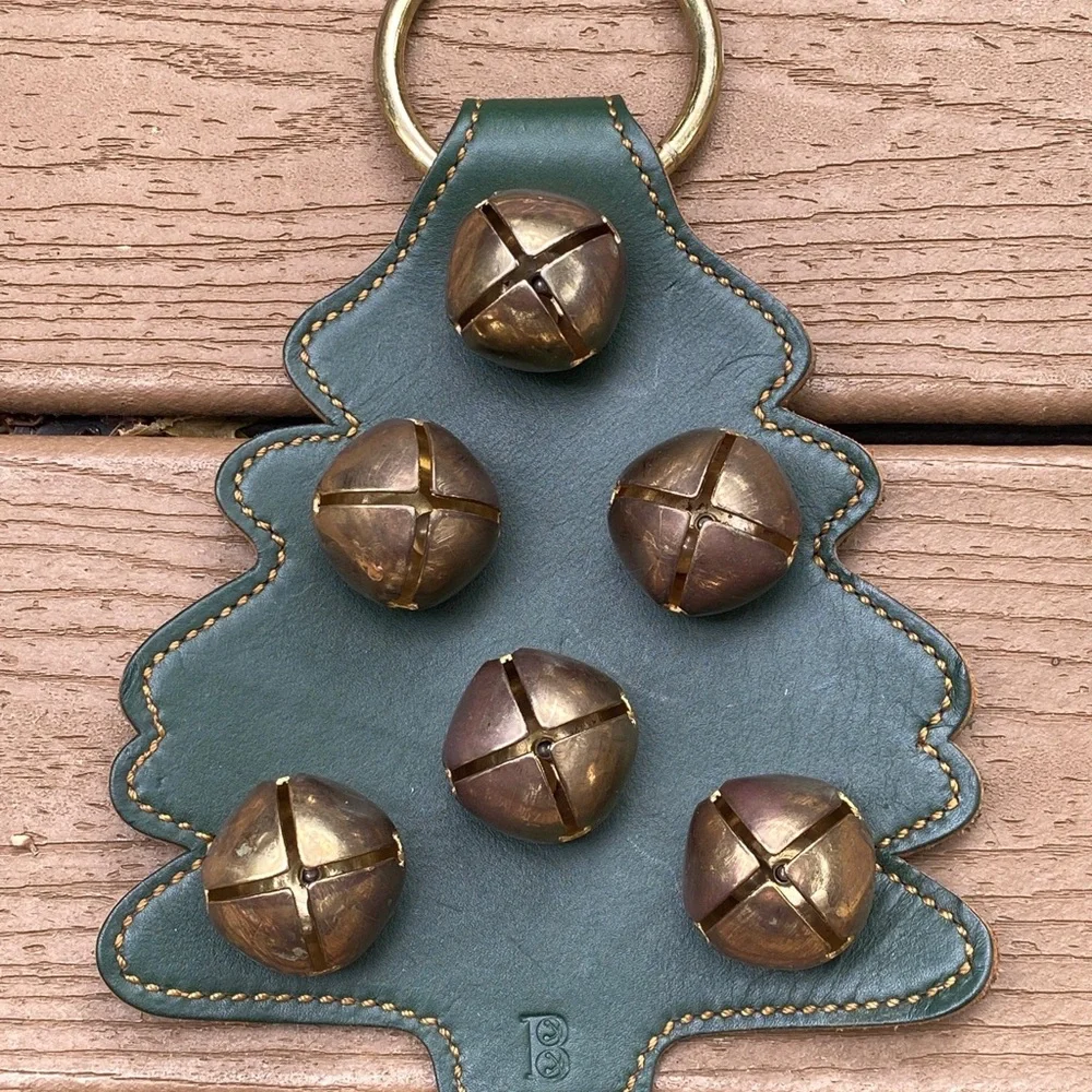 VTG GREEN LEATHER CHRISTMAS Tree shaped door bell hanger with beautiful patina